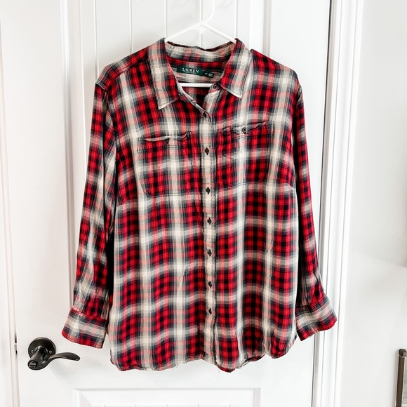Lauren Ralph Lauren Red Plaid Long Sleeve Button Down Top Size 2X - Picture 1 of 8